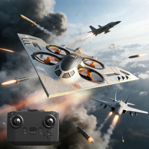 Triple Threat RC Drone For Land Sea And Air With 360 Flip And Three Driving Modes Collision Protection Foam Toy For Boys And Girls Remote Control Bomber Plane With Lit Lights Silver flying with other jets in the sky, remote control shown