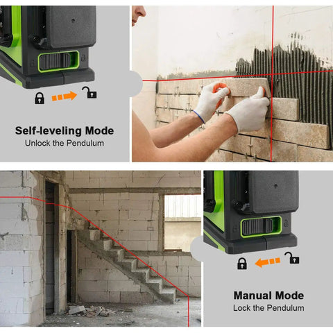 3D Self Leveling Laser Level With Three 360 Degree Laser Planes in use for tiling and staircase alignment with red cross lines