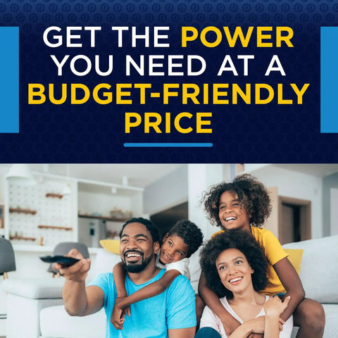 Family enjoying TV with remote, highlighting Long Lasting High Energy AAA Batteries Pack of 72, Alkaline Triple A Power for devices.