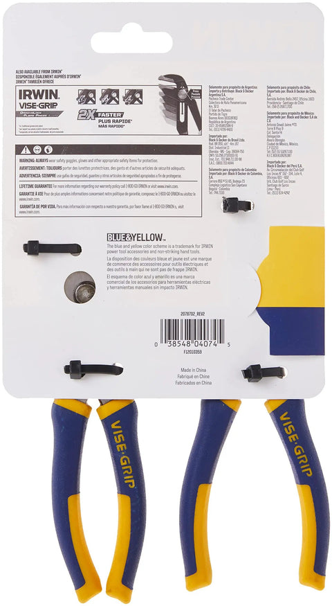 Back of packaging showing 2-Piece Pliers Set With 6-Inch Slip-Joint And 6-Inch Long Nose Pliers, Nickel Chromium Steel, ProTouch Grips.
