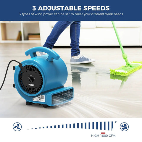 1000 CFM Air Mover Blower Fan for Drying, Venting, Exhaust, and Cooling in a home setting with three adjustable speeds.