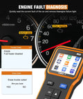 OBD2 Scanner With Upgrade Battery Tester showing engine diagnostics and clearing fault codes on dashboard screen