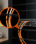 8 Set 1U Cable Management Tie Bar Kit for 19 Inch Server Racks With Open Frame Cabinets securing orange cables