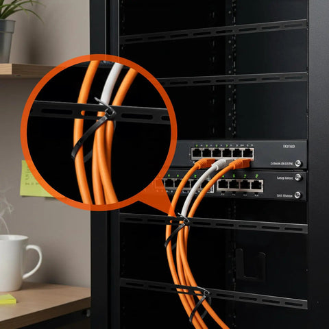 8 Set 1U Cable Management Tie Bar Kit for 19 Inch Server Racks With Open Frame Cabinets securing orange cables