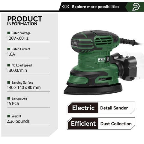 Detail Sander 13000 RPM Palm Sander 1.6A with specs and features highlighted