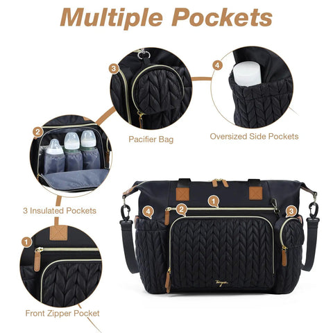 Large waterproof diaper tote bag for hospital labor delivery with pacifier case and changing pad, showing multiple pockets