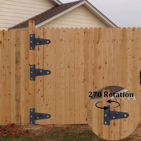 6-Pack Heavy Duty 2 Inch T-Strap Hinges In Black Rustic Iron installed on wood fence showing 270-degree rotation
