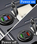 Hella Fast 66W 12V Car Charger With Four Ports Dual PD And Quick Charge 3.0 showing digital voltmeter and USB ports with power indicators.