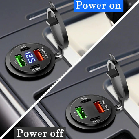 Hella Fast 66W 12V Car Charger With Four Ports Dual PD And Quick Charge 3.0 showing digital voltmeter and USB ports with power indicators.
