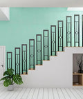 Rock Solid U Shaped Stair Handrails 2 Pack Sleek Matte Black Wrought Iron Railing, featured on a staircase with rhombus cutouts.