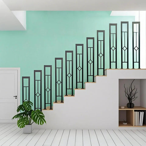 Rock Solid U Shaped Stair Handrails 2 Pack Sleek Matte Black Wrought Iron Railing, featured on a staircase with rhombus cutouts.