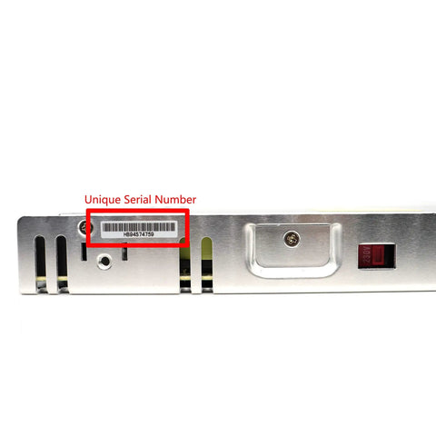 Rear view of High-Performance 350W 24V AC DC Power Supply with built-in fan and serial number visible, for industrial use.