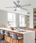 Modern Minimalist Smart Ceiling Fan with lights and remote control in kitchen, brushed nickel finish, 52 inch, five blades