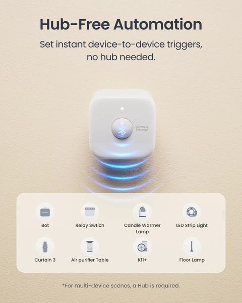 Smart MmWave Radar Motion Sensor With Bluetooth Presence And Dynamic Detection Zone Positioning shown with hub-free automation setup.