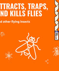 No Sweat Fly Trap Sticky Fly Paper Strips For Pesky House Flies Odorless Mess Free Hanging Pest Control Solution Eight Pack Quick Hang, animated flies on orange background