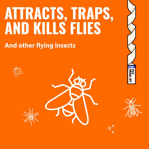 No Sweat Fly Trap Sticky Fly Paper Strips For Pesky House Flies Odorless Mess Free Hanging Pest Control Solution Eight Pack Quick Hang, animated flies on orange background