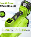 Beast Cordless Leaf Blower With 2 Batteries And Charger, Two Speed Power Up To 650 CFM And 280 MPH, showing dual speed levels.