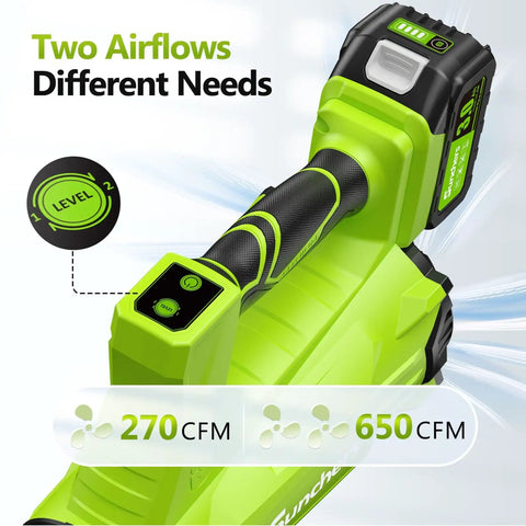 Beast Cordless Leaf Blower With 2 Batteries And Charger, Two Speed Power Up To 650 CFM And 280 MPH, showing dual speed levels.