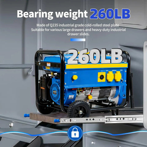 Beefy Heavy Duty Locking Drawer Slides Set For Cabinets RVs Tool Boxes And Trash Cans With Auto Lock Dual Side Unlocking Handles Full Extension Ball Bearing Rails 14 To 40 Inch 260 Lb Capacity Compatible Rails, 260 lb load
