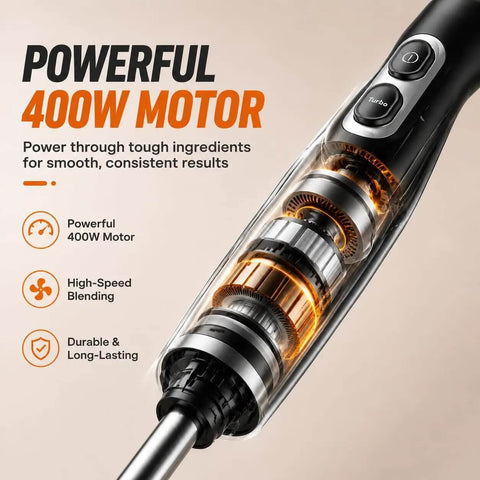 Hella Smooth Corded Immersion Blender With Two Knockout Speeds And A Beefy Copper Motor For Effortless Soup Puree Sauce Blending Paired With Stainless Steel Blades For Zero Fuss Kitchen Prep Magic motor cutaway showcasing copper components and high-speed blending features.