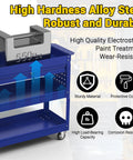 Three Tier Rolling Tool Cart On Wheels With 550-Lb Capacity Drawers Pegboard And Hook Heavy Duty Utility Cart For Garage Shop And Warehouse Dark Blue Finish showing high hardness alloy steel, 550 lbs weight capacity, and protective coating.