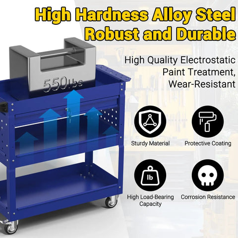 Three Tier Rolling Tool Cart On Wheels With 550-Lb Capacity Drawers Pegboard And Hook Heavy Duty Utility Cart For Garage Shop And Warehouse Dark Blue Finish showing high hardness alloy steel, 550 lbs weight capacity, and protective coating.