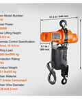Heavy Duty 2200 Lbs Electric Chain Hoist Single Phase Overhead Lifting Crane With 10 Ft Wired Remote Auto Brake shown with dimensions.