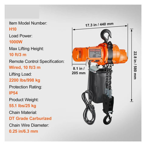 Heavy Duty 2200 Lbs Electric Chain Hoist Single Phase Overhead Lifting Crane With 10 Ft Wired Remote Auto Brake shown with dimensions.
