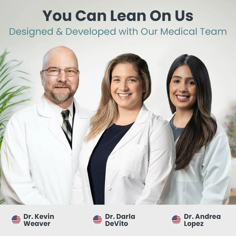 Three medical professionals in white coats smiling, representing a supportive healthcare team.