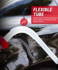 Manual Portable Fuel Transfer Pump Siphon Kit With One Hand Pump Up To Three Point Two GPM Flow Built In Hose Clip Adjustable Air Vent Cap For Slower Or Faster Flow Great For Gas Diesel And Other Fluids 1 Pack flexible white suction tube on a black container