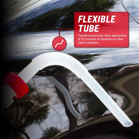 Manual Portable Fuel Transfer Pump Siphon Kit With One Hand Pump Up To Three Point Two GPM Flow Built In Hose Clip Adjustable Air Vent Cap For Slower Or Faster Flow Great For Gas Diesel And Other Fluids 1 Pack flexible white suction tube on a black container