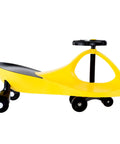 Twist And Go Wiggle Ride On Car For Kids Three Plus with a yellow plastic body and black wheels, ideal for smooth floor play.