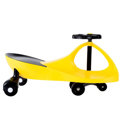 Twist And Go Wiggle Ride On Car For Kids Three Plus with a yellow plastic body and black wheels, ideal for smooth floor play.