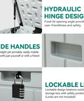 90 Gallon Outdoor Deck Box With Double Wall Resin Construction featuring hydraulic hinge, side handles, and lockable lid.