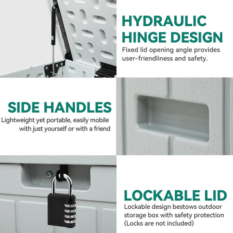 90 Gallon Outdoor Deck Box With Double Wall Resin Construction featuring hydraulic hinge, side handles, and lockable lid.