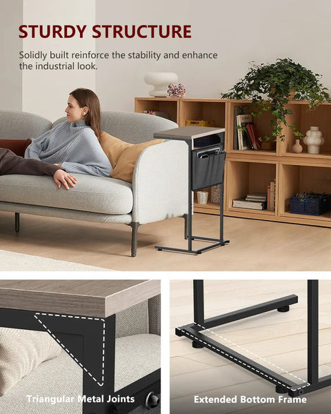 C Shaped End Table For Couch And Recliner With Under Sofa Sliding Laptop Tray And Storage Pockets, Greige Finish, in use by couch