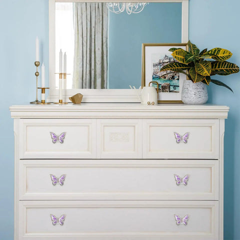 Butterfly Cabinet Knobs Set For Cabinets And Drawers With Single Hole Pulls Enamel Crystal Edge Zinc Alloy Hardware In Purple 6 Pack on white dresser