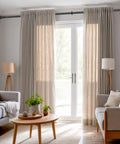 Extra Long Adjustable Curtain Rod No Drilling For Windows, Black in living room with beige curtains and furniture