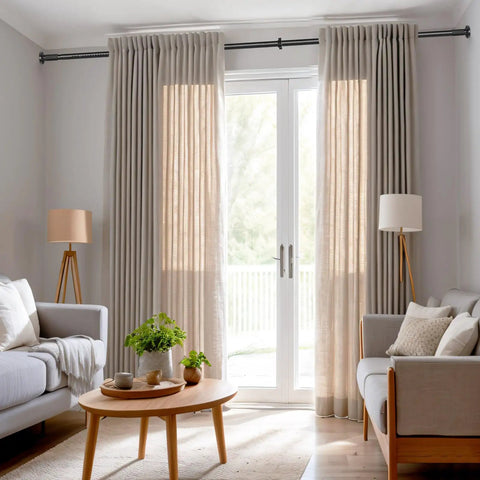 Extra Long Adjustable Curtain Rod No Drilling For Windows, Black in living room with beige curtains and furniture