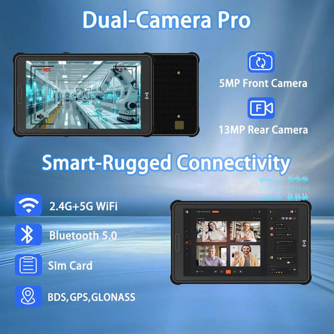 Eight Inch Rugged Tablet With Integrated 2D Barcode Scanner And Android 13 System Offering Rock Solid Durability And Ip65 Water Resistance For Logistics Crews Seeking Heavy Duty Mobile Tech, showing dual-camera features and connectivity options.