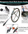 Manganese steel belt sewer snake tool with spherical handle for effective clog removal in large pipes.