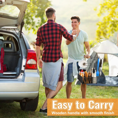 Grill Caddy With Built In Paper Towel Holder For Outdoor BBQ Grilling And Tailgating, Multi Pocket Organizer carried by men