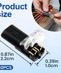 Illustration showing a 60 Pcs Quick Clip Wire Connectors Set For 18 To 22 AWG Low Voltage LED Strips with plug details and installation.
