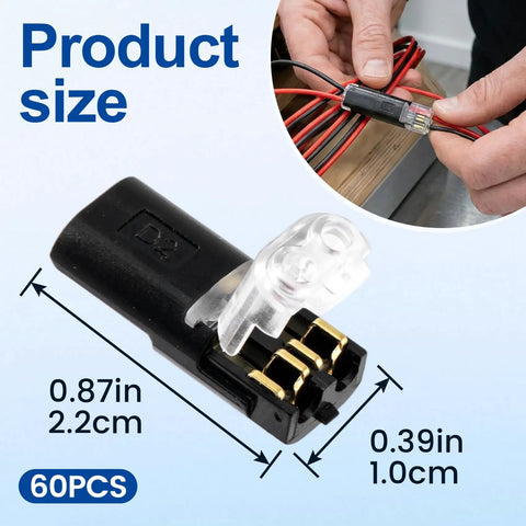 Illustration showing a 60 Pcs Quick Clip Wire Connectors Set For 18 To 22 AWG Low Voltage LED Strips with plug details and installation.