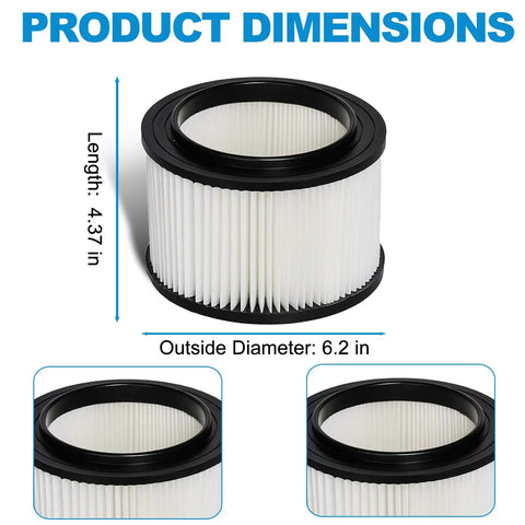 2 Pack 17810 Filter Replacement Kit For 9-17810 3 To 4 Gallon Wet Dry Shop Vac shown with dimensions 4.37 in length and 6.2 in diameter