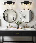 Top Shelf Matte Black Three Light Bathroom Vanity Fixtures With Clear Glass Shades above a modern double sink vanity.