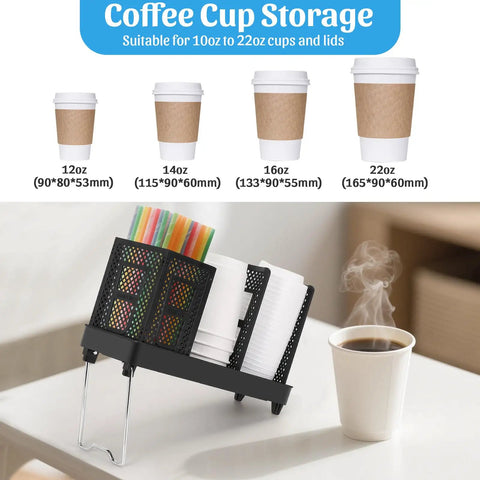 Go To Heavy Duty Coffee Cup Dispenser With Straws Holder And Lid Organizer featuring various cup sizes on countertop