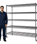 Beefy 5 Tier Rolling Wire Shelving Unit On Wheels 36 Inch Wide By 14 Inch Deep By 73 Inch High Adjustable Shelf Heights 1750 Lb Capacity Metal garage storage rack with man for scale