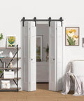 48 Inch Double Bifold Sliding Barn Door Hardware Kit for Closets with side mount wheels installed, no door included.