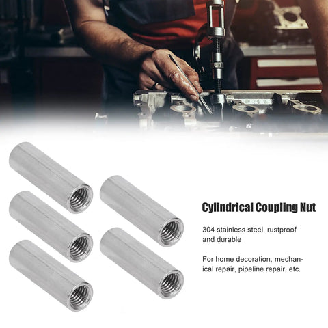 Five Pack Round Coupling Nuts M12 By 1.75mm 50mm Long 304 Stainless Steel Round Sleeve Stud Nuts Threaded Hardware For Bracket Building Maintenance Heavy Duty Connecting Rod Fasteners, 304 stainless steel cylindrical couplings